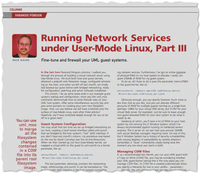 Page from a Linux Journal article titled Running Network Services under User-Mode Linux, Part III