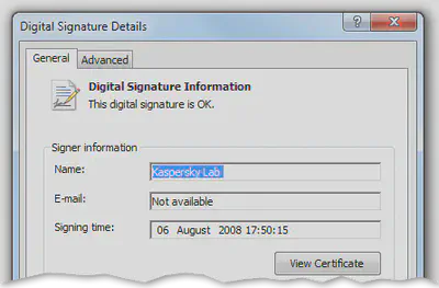 Authenticode signature details shown in Microsoft Explorer