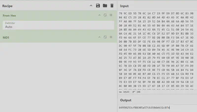 Screen capture of CyberChef, showing the expected MD5 sum