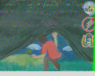 SSTV image of a person looking out at earth